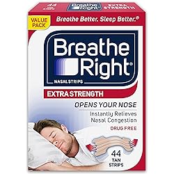 Breathe Right Extra Strength Tan Nasal Strips, Nasal Congestion Relief due to Colds & Allergies, Reduces Nasal Snoring caused by Nasal Congestion, Drug-Free, 44 count