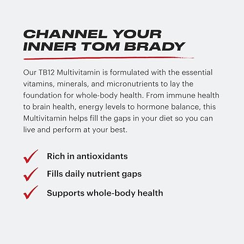 TB12 Multivitamin by Tom Brady. NSF certified Minerals and Antioxidants for Daily Needs. Complete, bioavailable multivitamin for healthy aging, brain support, energy, immunity. Tablets 60 Count