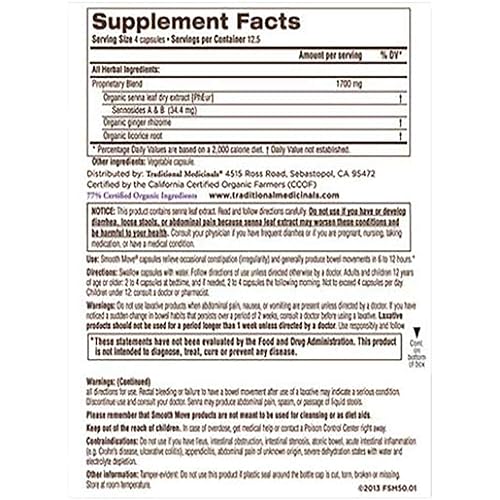 Traditional Medicinals, Smooth Move Senna Capsules, 50Count, Pack of 4