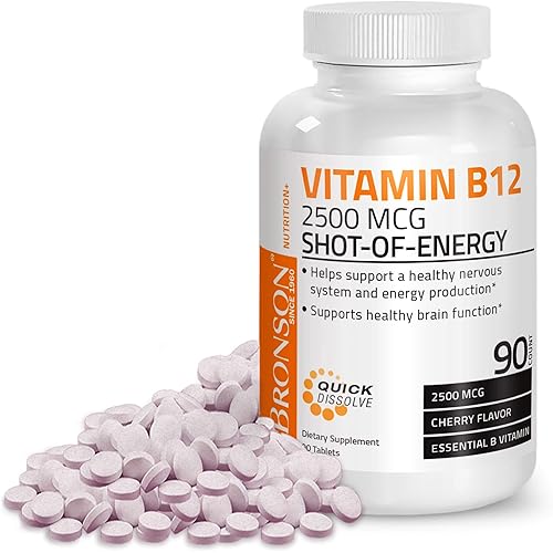Vitamin B12 2500mcg Shot of Energy Fast Dissolve Chewable Tablets - Quick Release Cherry Flavored Sublingual B12 Vitamin - Supports Nervous System, Healthy Brain Function Energy Production – 90 Count