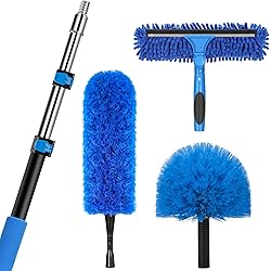 20 Foot High Reach Duster Kit with 5-12 Ft Extension Pole, Window Squeegee with Scrubber, Cobweb Duster Spider Web Brush, High Ceiling Fan Duster for Cleaning High Window, Ceiling Fan, Interior Roof