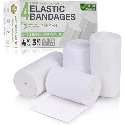 GT Soft | Latex Free White | Organic USA Cotton Elastic Bandage | Set of Two 4 inch & Two 3 inch Wraps | Single Hook & Loop Closure | Washable Reusable
