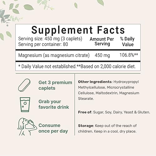 Magnesium Supplement, Elemental Magnesium 450mg Per Serving as Magnesium Citrate, 240 Caplets, Helps Maintain Healthy Bones, Teeth, Proper Muscle & Heart Function