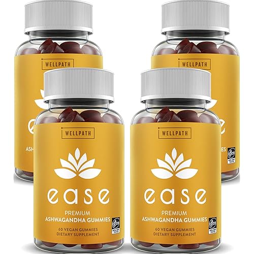 Ease Ashwagandha Gummies 4 Pack for Men and Women - Vegan Ashwagandha Supplements for Stress Relief, Sleep, Calm Mood, Energy & Immunity - Low Sugar, Plant Extract, 240 Count