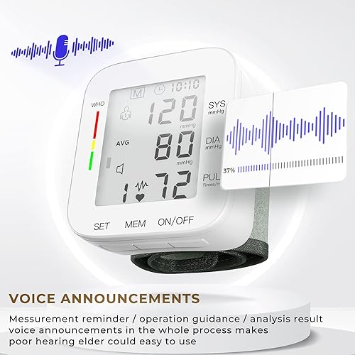 Blood Pressure Monitor Wrist Blood Pressure Cuff Digital BP Machine 2x99 Readings Voice Broadcast Blood Pressure Detector with Carrying Case for Home Use