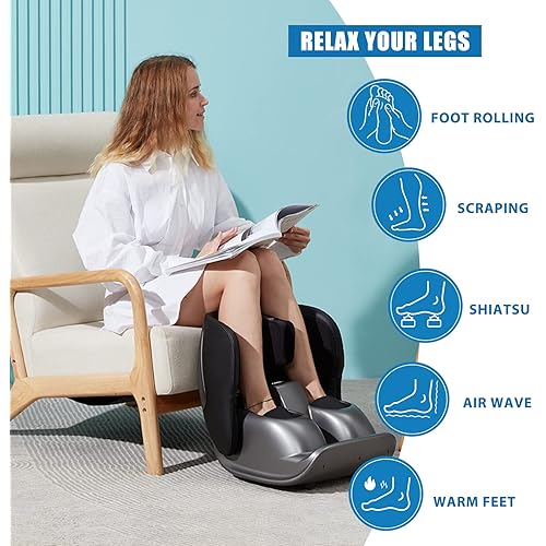 Homguava Foot & Calf Massager 2-in-1 Foldable with Heat, Shiatsu Kneading, Vibration & Adjustable Strength, Blood Circulation, Relaxing Gifts for Adult & Home, Black