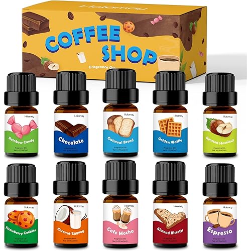 Coffee Shop Fragrance Oil for Candle & Soap Making, Holamay Premium Scented Oils 10 x 5ml - Espresso, Cafe Mocha, Chocolate, Almond Biscotti and More, Aromatherapy Essential Oils for Diffuser