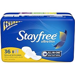 Stayfree Ultra Thin Regular Pads with Wings For Women, Reliable Protection and Absorbency of Feminine Moisture, Leaks and Periods, 36 count Pack of 4