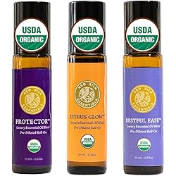 Organic Roll On Essential Oil Blends Gift Set, 100% Pure USDA Certified - Protector, Citrus Glow & Restful Ease - Immunity, Energy, Sleep