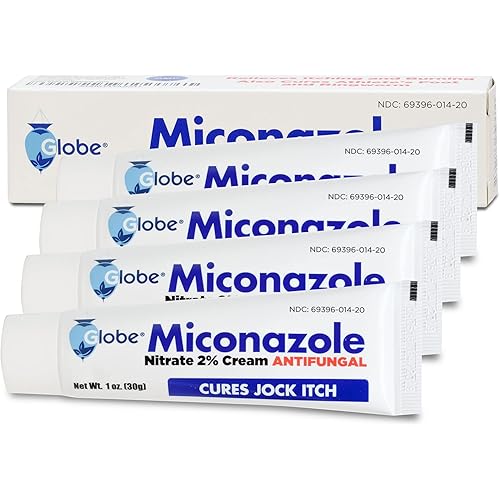 Globe Miconazole Nitrate 2% Antifungal Cream, Cures Most Athletes Foot, Jock Itch, Ringworm. 1 OZ Tube 4 Pack