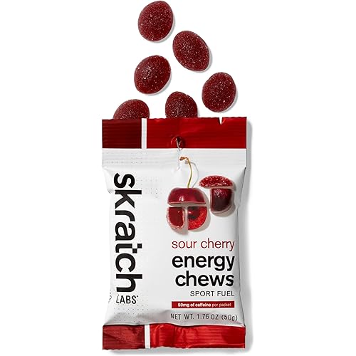 SKRATCH LABS Sport Energy Chews, Sour Cherry with Caffeine 10 Pack - Developed for Athletes and Sports Performance, Gluten Free, Dairy Free, Vegan