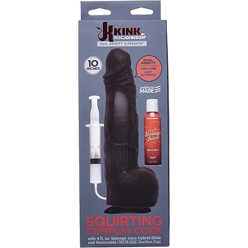 Kink by Doc Johnson Wet Works - 10 Inch Dual Density ULTRASKYN Squirting Cumplay Cock with Removable Vac-U-Lock Suction Cup - Harness and F-Machine Compatible, Black