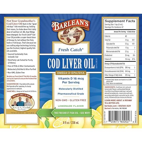 Barlean's Fresh Catch Cod Liver Oil with Lemonade Flavor and EPA, DHA and Vitamin D - Non-GMO, Gluten-Free - 8-Ounce