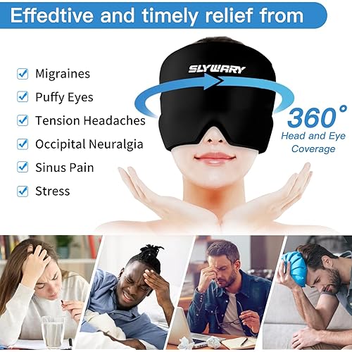 Headache and Migraine Relief Hat, Hot and Cold Therapy Migraine Ice Head wrap, Comfortable and Stretchable Headache Relief Cap for Puffy Eyes, Tension, Sinus, and Stress Relief