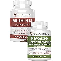 Real Mushrooms Ergothioneine 60ct and Reishi 415 90ct Bundle with Shiitake and Oyster Mushroom Extracts - Longevity and Relaxation -Vegan, Gluten Free, Non-GMO - Natural Support for Healthy Aging