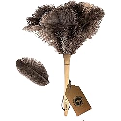 Ostrich Feather Duster,Feather Duster Fluffy Natural Genuine Ostrich Feathers with Wooden Handle and Eco-Friendly Reusable Handheld Ostrich Feather Duster Cleaning Supplies, Gray and BrownLength 16"