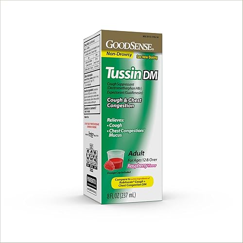 GoodSense Tussin Cough Syrup DM, Cough and Chest Congestion Relief, Raspberry Flavor, 8 Fl Oz