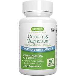 Calcium & Magnesium 2:1, Plant Based Algae Mineral Complex, Bone & Teeth Support, High Absorption Formula with Cofactors Boron, Vitamin D3 & K2, Vegan, 90 Capsules, by Igennus