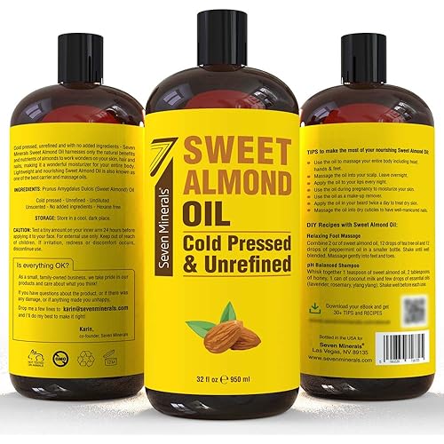 Pure Cold Pressed Sweet Almond Oil - Big 32 fl oz Bottle - Unrefined &100% Natural - For Skin & Hair, with No Added Ingredients - Perfect Carrier Oil for Essential Oils