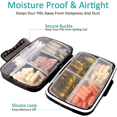 Travel Pill Organizer Large Portable Medication Organizer, Fullicon Oversize 8 Compartment Pill Box, Vitamin Travel Case Pill Holder - Airtight & Moistureproof Black