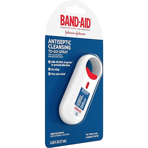 Band-Aid Brand Antiseptic Cleansing To-Go-Spray, First Aid Antiseptic Spray Relieves Pain & Kills Germs Anywhere, Benzalkonium Cl Antiseptic & Pramoxine HCl Topical Analgesic, .26 fl. oz
