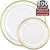 Prestee 200pc Gold Plastic Plates - 100 Dinner Plates & 100 Salad Plates, White Gold-Rimmed Plastic Plates, Gold Plates Disposable Plastic Party Plates - Dessert, Appetizer, Holiday, Wedding Plates