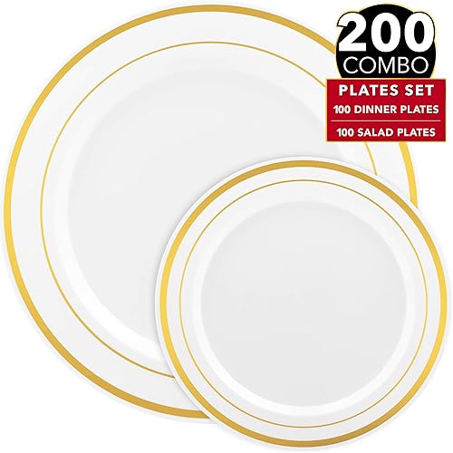Prestee 200pc Gold Plastic Plates - 100 Dinner Plates & 100 Salad Plates, White Gold-Rimmed Plastic Plates, Gold Plates Disposable Plastic Party Plates - Dessert, Appetizer, Holiday, Wedding Plates