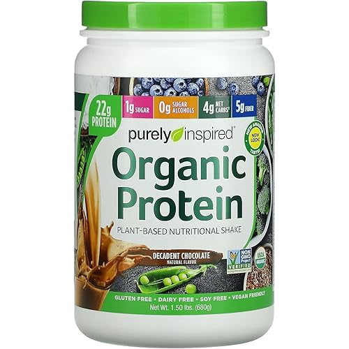 Purely Inspired Organic Protein Shake Powder, 100% Plant Based with Pea & Brown Rice Protein Non-GMO, Gluten Free, Vegan Friendly, Decadent Chocolate, 1.5lbs