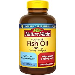 Nature Made Burp-Less Fish Oil 1000 mg with 300 mg Omega-3, Dietary Supplement for Healthy Heart Support, 150 Softgels, 75 Day Supply
