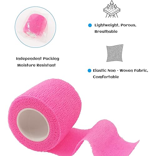 24 Rolls Pink Elastic Self Adhesive Bandage Wrap, Breathable Flexible Fabric Non Woven Cohesive Bandage, Ankle Sprains Swelling Medical First Aid Sports Athletic Tape, Dogs Pet Vet Wrap 2” x 5 Yards
