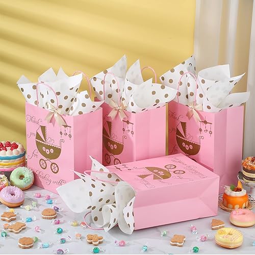 25 Pcs Baby Shower Thank You Gift Bags Medium Size with Tissue Paper and Ribbon, Gold Foil Pink Paper Bags Party Favor Bags for Wedding Birthday Bridal Shower Party Supplies Business, 8" x 4.5" x 10&#34