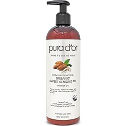 PURA D'OR Organic Sweet Almond Oil 16oz USDA Certified 100% Pure & Natural Carrier Oil - Hexane Free - Skin & Face - Facial Polish, Full Body, Massages, DIY Base Packaging may vary