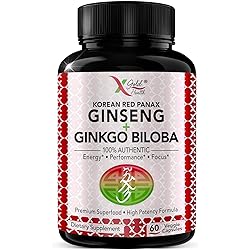 Korean Red Panax Ginseng 1200mg Ginkgo Biloba - Extra Strength Root Extract Powder Supplement wHigh Ginsenosides Vegan Capsules for Energy, Performance & Focus Pills for Men & Women