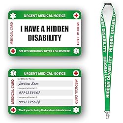 Hidden Disability Medical Awareness Card, Medical Emergency Contact Card with Writable Panel and Patterned Lanyard and Waterproof Card Holder