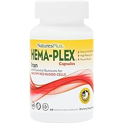 NaturesPlus Hema-Plex Iron - 60 Fast-Acting Capsules - 85 mg Elemental Iron Vitamin C & Bioflavonoids for Healthy Red Blood Cells - Vegan, Gluten Free - 30 Servings