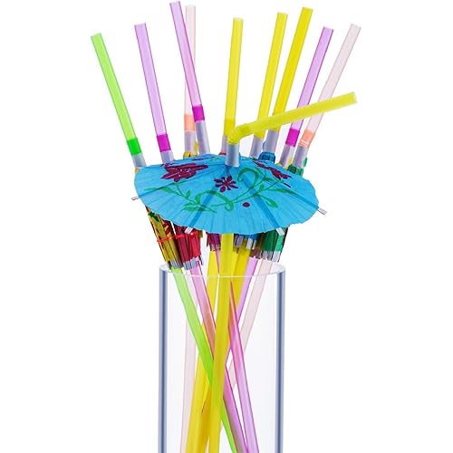 Mudder100 Pieces Umbrella Disposable Bendable Drinking Straws for Luau Parties, Bars, Restaurants