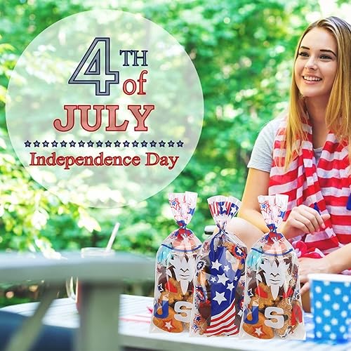 DERAYEE 4th of July Cellophane Gift Bags, 150Pcs Patriotic Cello Candy Goodie Bags Independence-Day Party Decorations with 180Pcs Twist Tie
