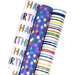 MAYPLUSS Birthday Wrapping Paper Roll - Mini Roll - 17 inch X 120 inch Per roll - Polka dots, Stripes Patterns 42.3 sq.ft.ttl