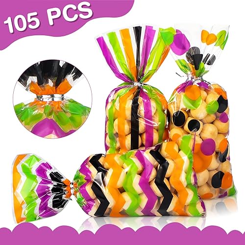 105 Pcs Cellophane Treat Bags, Halloween Themed Trick Polka Dot Stripes Goodie Candy Bags with 100 Twist Ties Party Favor Bags Halloween Decorations for Birthday Party Baby Shower Holiday Day Kids