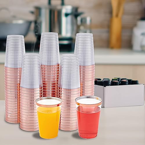 100 PACK Rose Gold Plastic Cups,12Oz Clear Plastic Cups Tumblers, Elegant Rose Gold Rimmed Plastic Cups, Disposable Cups WithRose Gold Rim Perfect For Wedding,Thanksgiving Day, Christmas Party Cups
