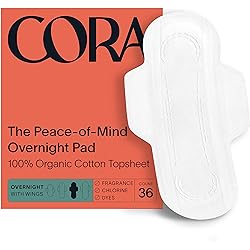 Cora Organic Pads | Ultra Thin Period Pads with Wings | Overnight Absorbency | Ultra-Absorbent Sanitary Pads for Women | 100% Organic Cotton Topsheet 36 Count Pack of 1