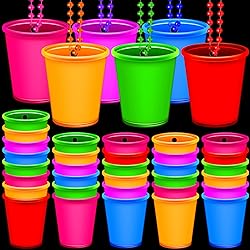 24 Pieces Halloween Shot Glass Necklaces Light Up Necklace Shot Glasses Glow in the Dark Neon Plastic Shot Necklace Cups on Beaded for Halloween Christmas Wedding Glowing Party Favor, 6 Colors