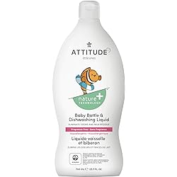 ATTITUDE Liquid Dish Soap for Baby Products, Tough on Milk Residue, Hypoallergenic Plant- and Mineral-Based Formula, Vegan and Cruelty-free Detergent, Unscented, 23.7 Fl Oz