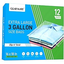 Clearware 12 Large Plastic Bags With Zipper Top - 3 Gallon Bags 16 x 18, Extra Large Storage Bags for Clothes, Travel, Moving, Storage, Large Reusable freezer bags, BPA-Free, 2-mil Thick Clear Plastic Bags