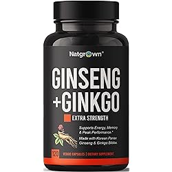 Panax Ginseng Ginkgo Biloba Complex Capsules - with Korean Red Ginseng Root & Ginkgo Biloba Extract Supplement for Men & Women - Traditionally to Boost Energy & Support Brain Function- Vegan Pills