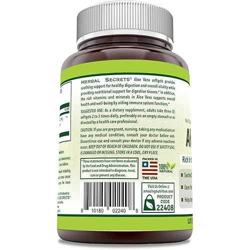 Herbal Secrets Aloe Vera Natural Dietary Supplements, 120 Softgels, 5000 Mg