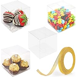 LEMEOSO 30 Pcs Clear Favor Boxes 3 x 3 x 3 Inch Transparent Plastic Boxes Mini Candy Cube Boxes for Packaging Party Favors Treats Strawberry Macaron