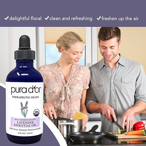 PURA D'OR Organic Lavender Essential Oil 4oz with Glass Dropper 100% Pure & Natural Therapeutic Grade for Hair, Body, Skin, Aromatherapy Diffuser, Relaxation, Meditation, Massage, Home, DIY Soap