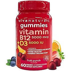 Vitamin B12 and Vitamin D3 5000 IU Gummies, 60 Count | Delicious Fruit Punch Flavor, Vitamin D Gummies and Methyl B12 Vitamins 5000 mcg for Energy and Immune Support for Adults