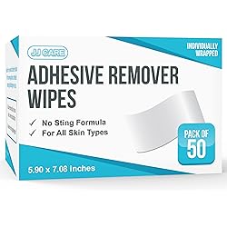 JJ CARE Adhesive Remover Wipes [Pack of 50] 6”x7” Large Stoma Wipes - Medical Adhesive Remover Wipes - Sting Free Adhesive Remover Wipes for Skin Ostomy, Stoma, Colostomy Devices, Dressings and Medical Tapes